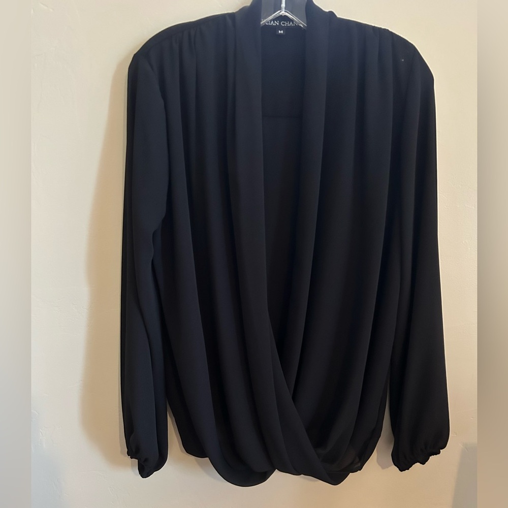 Julian Chang Size M Black Silk Draped Blouse